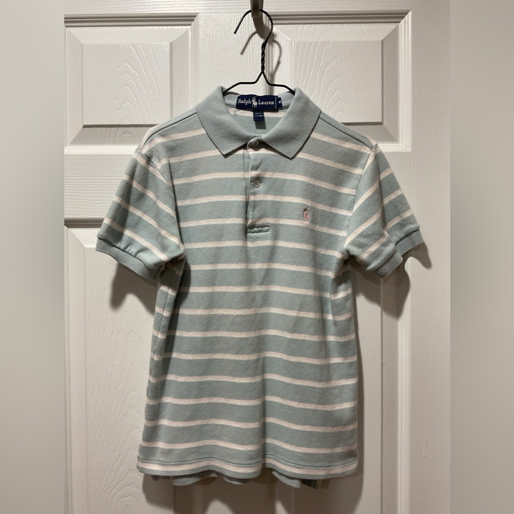 Pale gray blue, pink & white Striped polo shirt top